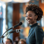 women speaking into microphone